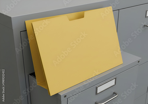 Empty mustard yellow file folder in a gray metal filing cabinet drawer. Open folder, resting on top of a gray metal filing cabinet drawer.