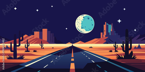 Flat night desert road illustration, highway with stars, cactus silhouettesFlat night desert road illustration, highway with stars, cactus silhouettes