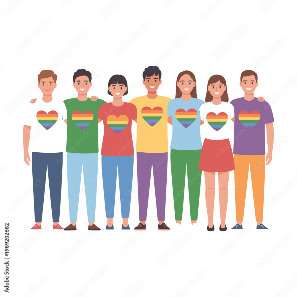 Fototapeta premium Diverse Group of Friends Wearing Rainbow Heart Shirts – LGBTQ+ Pride, Love, Unity and Inclusion Illustration