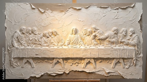 White stone relief carving of the Last Supper of Jesus Christ