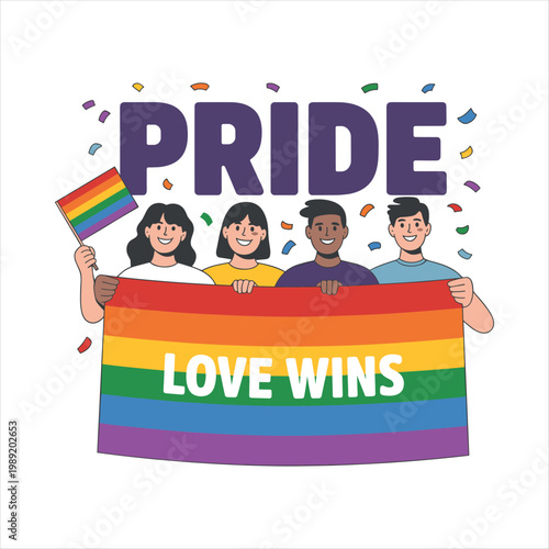 Pride Protest Banner Love Wins with Diverse People – LGBTQ+ Equality, Inclusion and Celebration Illustration