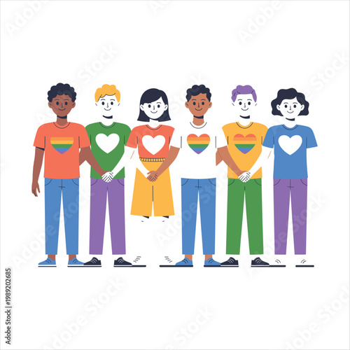Diverse LGBT People Group with Rainbow Hearts – Pride, Inclusion and Equality Illustration