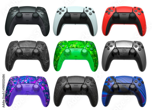 Collection of gaming controllers isolated on white background with clipping path