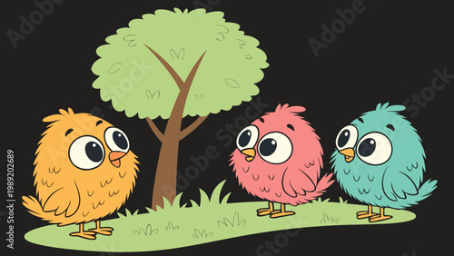 Cute Baby Birds Sitting Near Tree Cartoon Illustration