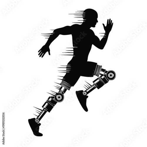 Silhouette set bundle of running cyborg man with bionic legs.