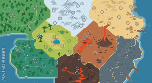 Fantasy game world map with diverse biomes and hex grid regions. Flat vector illustration of a strategic RPG map featuring desert, forest, snowy mountains, and volcanic land.