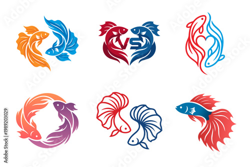 Fighting fish illustration logo vector. Dynamic red and blue betta fish vector illustration featuring a VS symbol. This stylized Siamese fighting fish logo is perfect for e-sports, gaming, competition