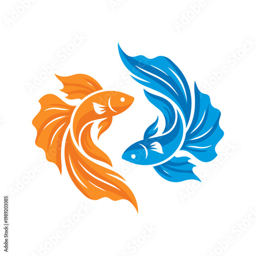 Fighting fish illustration logo vector. Dynamic red and blue betta fish vector illustration featuring a VS symbol. This stylized Siamese fighting fish logo is perfect for e-sports, gaming, competition