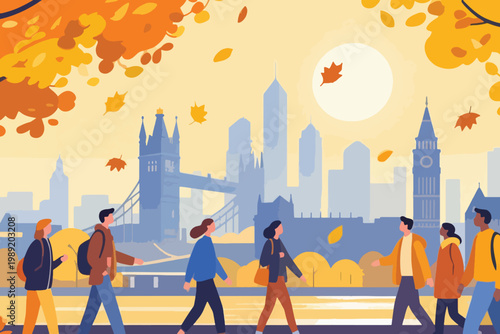 Cartoon autumn London riverside with Tower Bridge, Big Ben, modern skyline, falling leaves, and people walking.