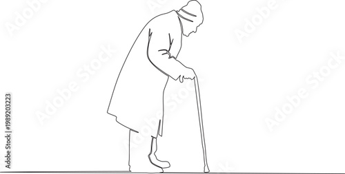 Continuous single line drawing of elderly man walking with cane representing aging support concept