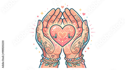 Tattooed hands holding heart symbol.