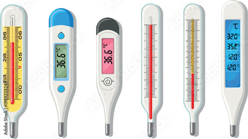 Medical Thermometer Collection Six Types Digital Mercury Clinical Temperature Measurement Healthcare Realistic Vector Illustration Set