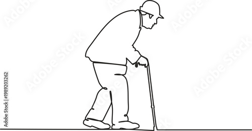 Continuous single line drawing of elderly man walking with cane representing aging support concept