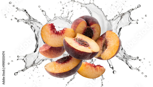 Sliced pieces of peach with water splash isolated on transparent background