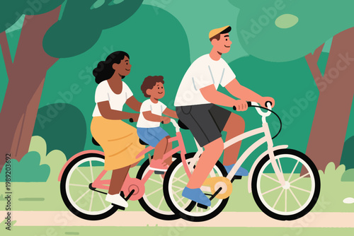 Cartoon family cycling together in green park with trees and bushes on sunny day.