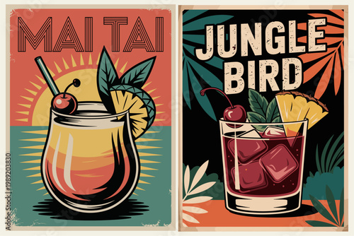 Retro cocktail posters. Sunset hues glow behind a Mai Tai cocktail. Cherry and pineapple adorn the drink. Tropical leaves frame the vibrant scene. Jungle Bird cocktail sits beside a dark background