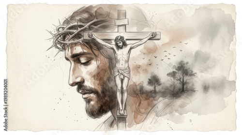 Watercolor artistic portrait of Jesus Christ with a cross silhouette