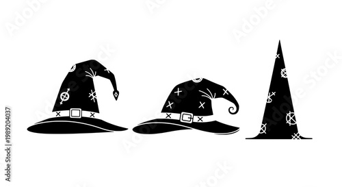 Witch hats set with symbols and stars on black background featuring witchcraft, Halloween, costumes with spooky and mystical elements for occult,