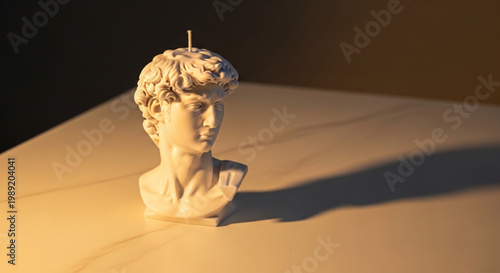 Michelangelos David bust candle neoclassical sculpture art decorative home accent warm ambient light isolated on marble surface