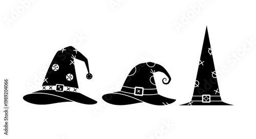 Witch hat set with star and icon patterns, stitched textures, and wide brims for Halloween costume graphics