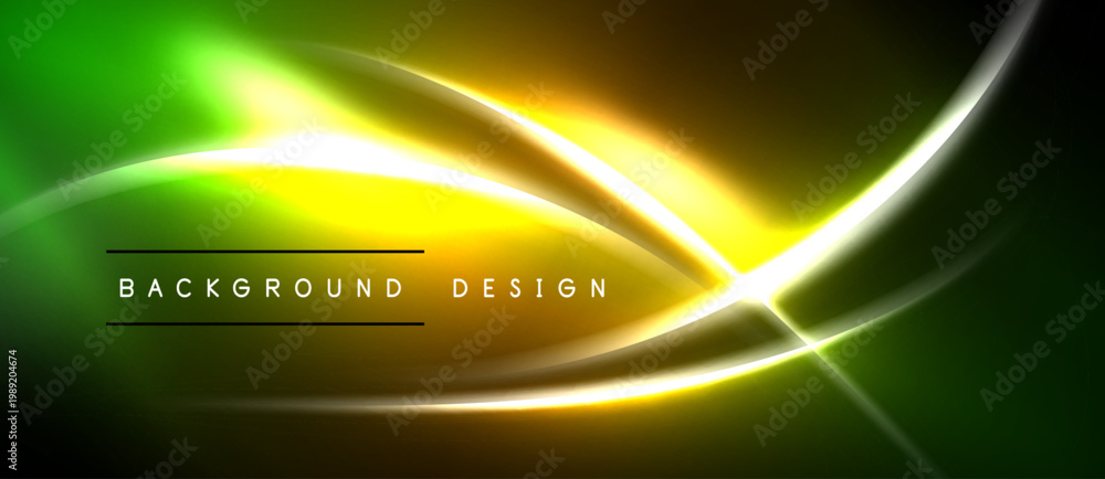 Naklejka premium Abstract neon lines create vibrant green, yellow glow. Dark background emphasizes luminous curves, modern design elements.