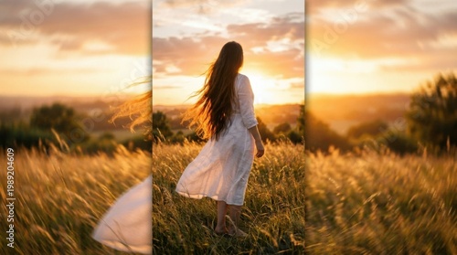 Dreamy back view of a woman walking in high grass during golden hour
