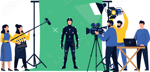 Movie Film Production Crew Motion Capture Actor Green Screen Studio Camera Spotlight Clapperboard Flat Vector Illustration