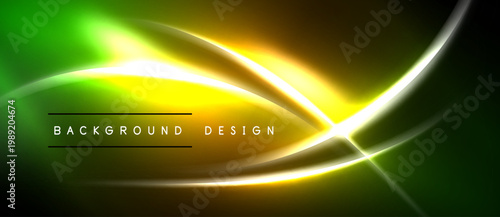 Abstract neon lines create vibrant green, yellow glow. Dark background emphasizes luminous curves, modern design elements.