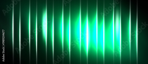 Vertical lines create glowing green waveform. Brightness varies, suggesting sound visualization or energy pattern. Dark background enhances contrast.