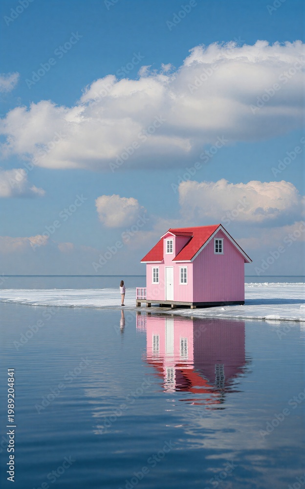 Fototapeta premium Pink house floats on water reflecting sky and clouds under blue
