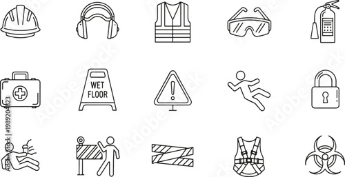 Common safety symbols and equipment used in workplace hazard prevention