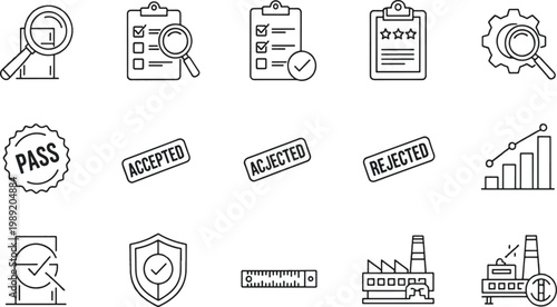 Illustrations depicting various quality control and inspection process icons