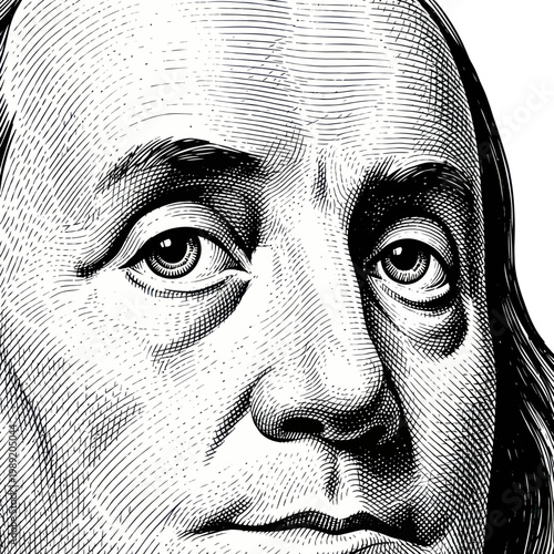 Benjamin Franklin Portrait Close-up Engraving Style