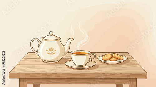 Tea cup with saucer and teapot.