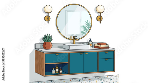 Teal bathroom vanity with sink.