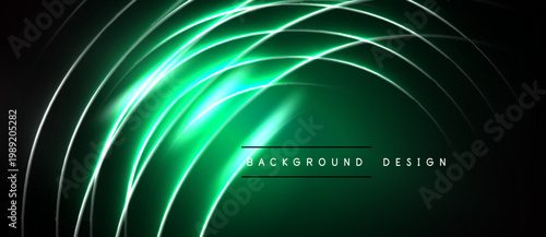 Abstract green neon lines create dynamic curved shapes. Dark background emphasizes bright glowing effect, modern design element.