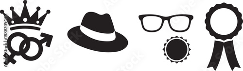 Womens rights vector icons set with crown hat gender symbol and glasses black silhouette. Crown, Hat, Gender Symbol, Glasses & Badge Icons