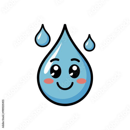 A cheerful cartoon water droplet with a smiling face and rosy cheeks on a white background