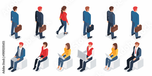 Isometric illustration of diverse people working and commuting in an office