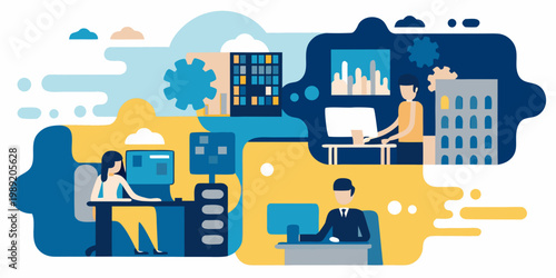 People working on computers in a colorful abstract office environment