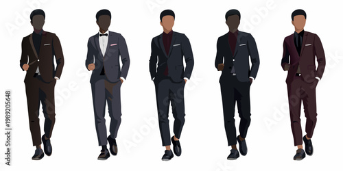 A row of five fashionable men in suits illustrated in a modern style