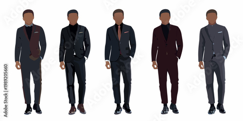 Five men displayed in various suit styles and color combinations