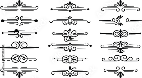 Black ornamental dividers, swirling line and flourishes on white background