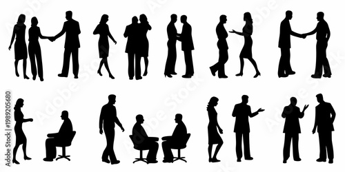 Silhouettes of diverse people interacting in business and social settings