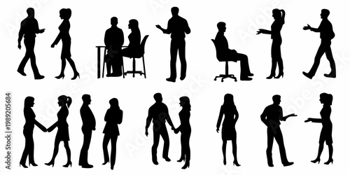Silhouettes of people in various interactions and poses isolated on white