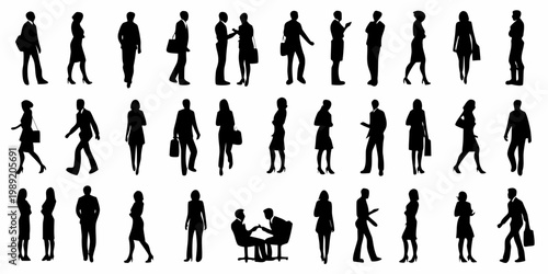 Diverse group of silhouetted business people in various poses and interactions