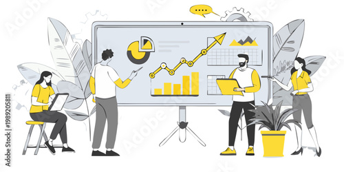 Team collaboration and data analysis illustrated with modern digital graphics