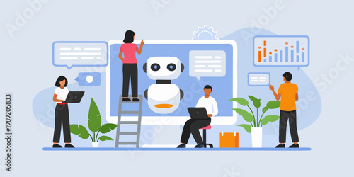 Team collaborating with an ai robot and data visualization