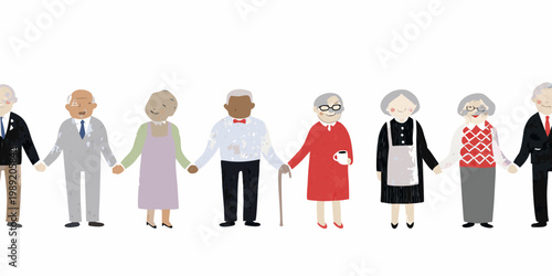 Diverse group of seniors holding hands in a connected line illustration
