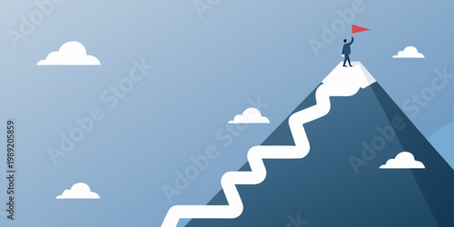 A businessman reaches the summit planting a flag on a winding path